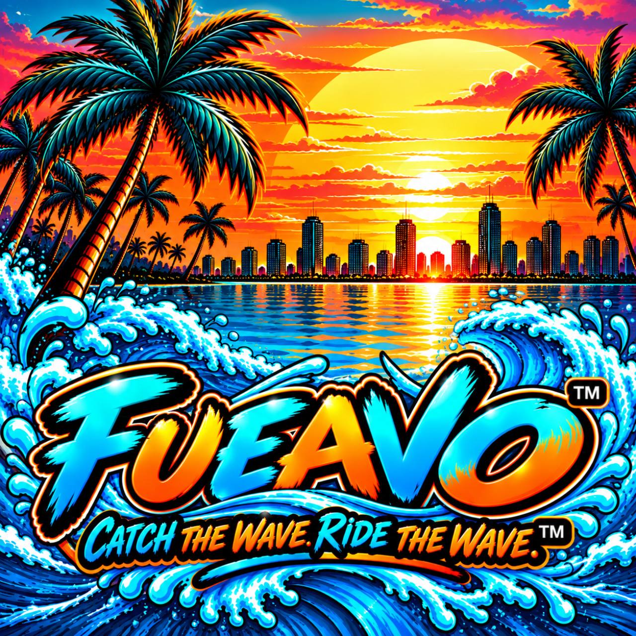 Fueavo artwork with turquoise waves, palm trees, and a vibrant sunset. Catch the Wave. Ride the Wave.