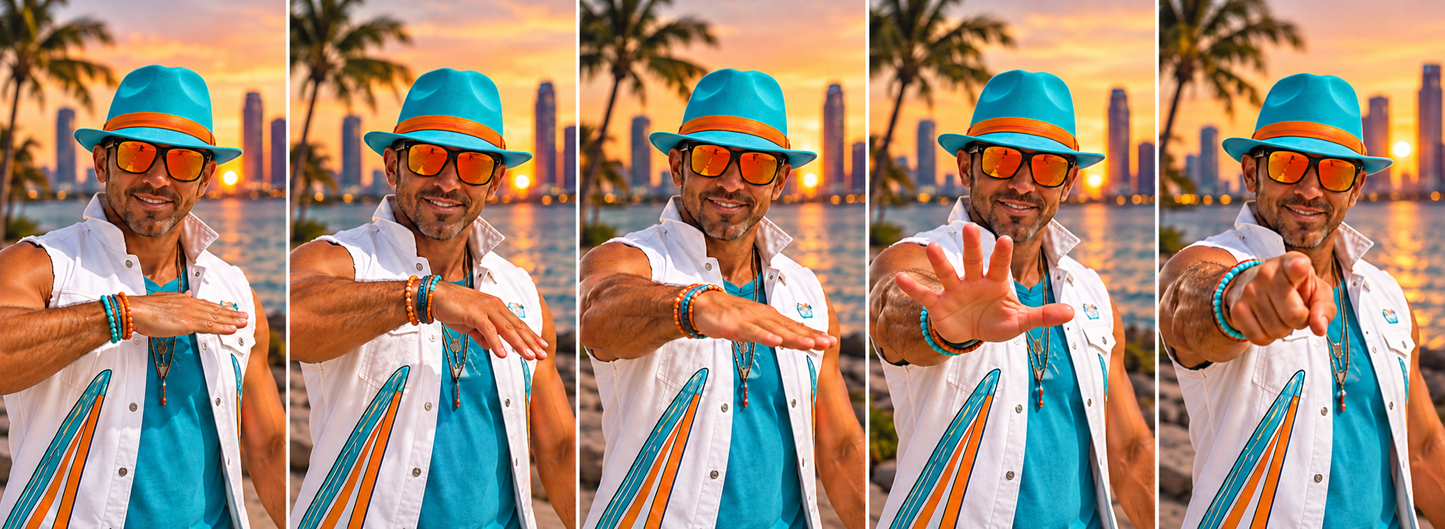 Complete Fueavo Wave in five frames, left to right: start at your chest, roll the wave, let it flow outward, open all five fingers and extend, then point and share.